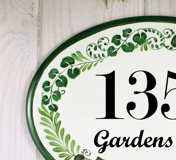 Outdoor Address Plaque with Green Leaves, Custom House Number Sign