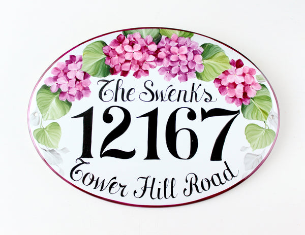 Address Plaque Outdoor, Ceramic House Numbers, Pink Hydrangea