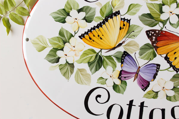 Outdoor House Sign with Butterfly, Personalized Ceramic Sign for Cottage