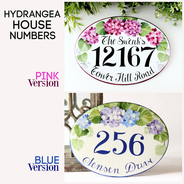 Address Plaque Outdoor, Ceramic House Numbers, Pink Hydrangea