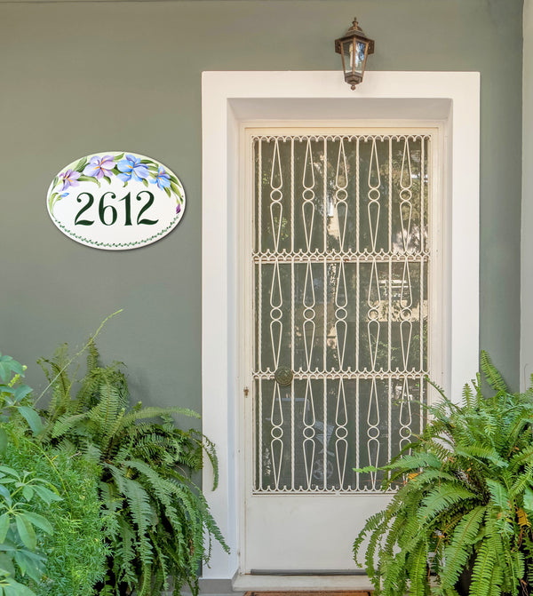 Numero civico personalizzabile con fiori di iris, targa con indirizzo per cortile di ingresso