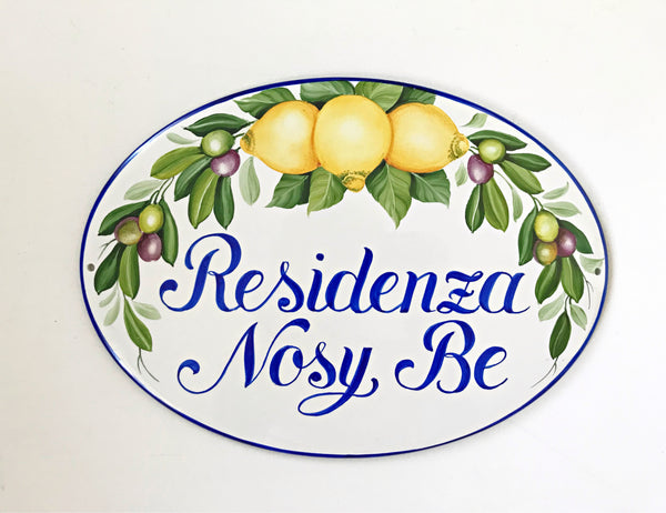 ceramic oval house name sign with lemons and olives