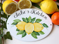 Ceramic name sign for kitchen hand-painted with lemon and leaves