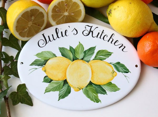 Ceramic name sign for kitchen hand-painted with lemon and leaves