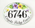 oval ceramic address plaque hand painted with Pansies