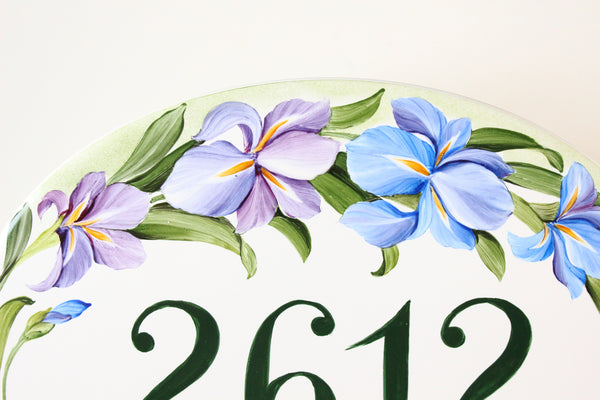 Numero civico personalizzabile con fiori di iris, targa con indirizzo per cortile di ingresso