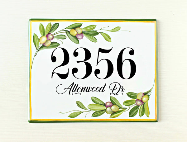 Ceramic House Numbers, Rectangular Address Plaque Olives