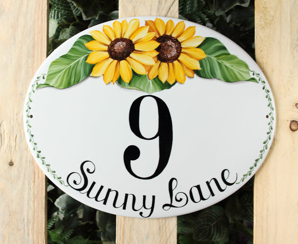 House Number Sign Ceramic with Sunflowers, Custom Address Plaque