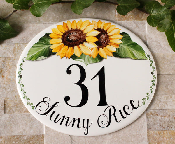 House Number Sign Ceramic with Sunflowers, Custom Address Plaque