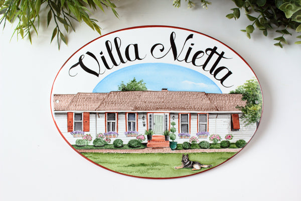 custom house portrait sign  hand painted on oval ceramic plaque